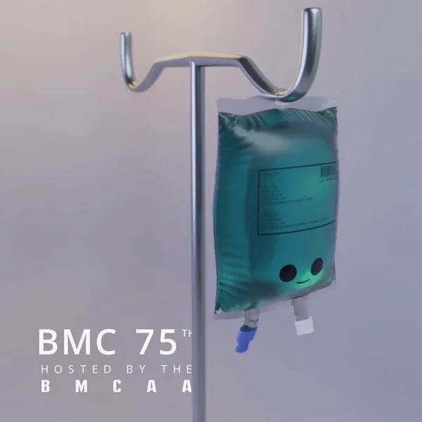 A stylized blue character made from an IV bag hanging from a metal stand