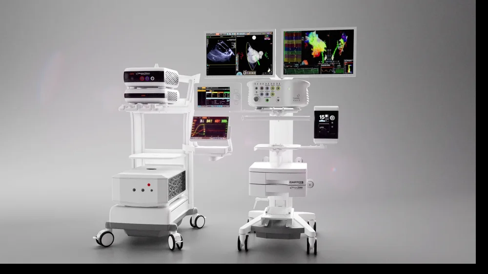 Two detailed white medical imaging carts with monitors on a gray studio background