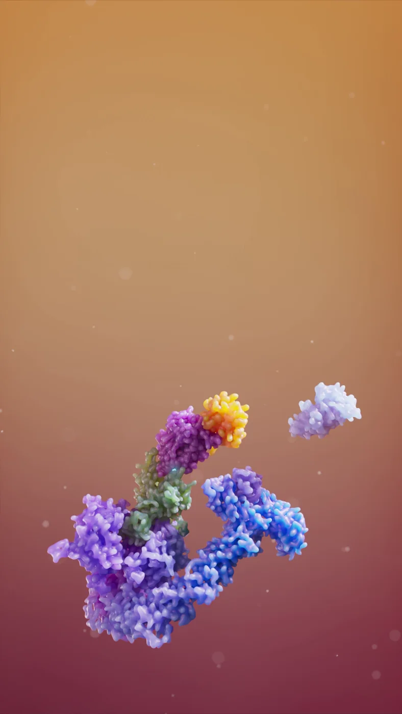 Colorful molecular structures floating against a warm orange and violet background