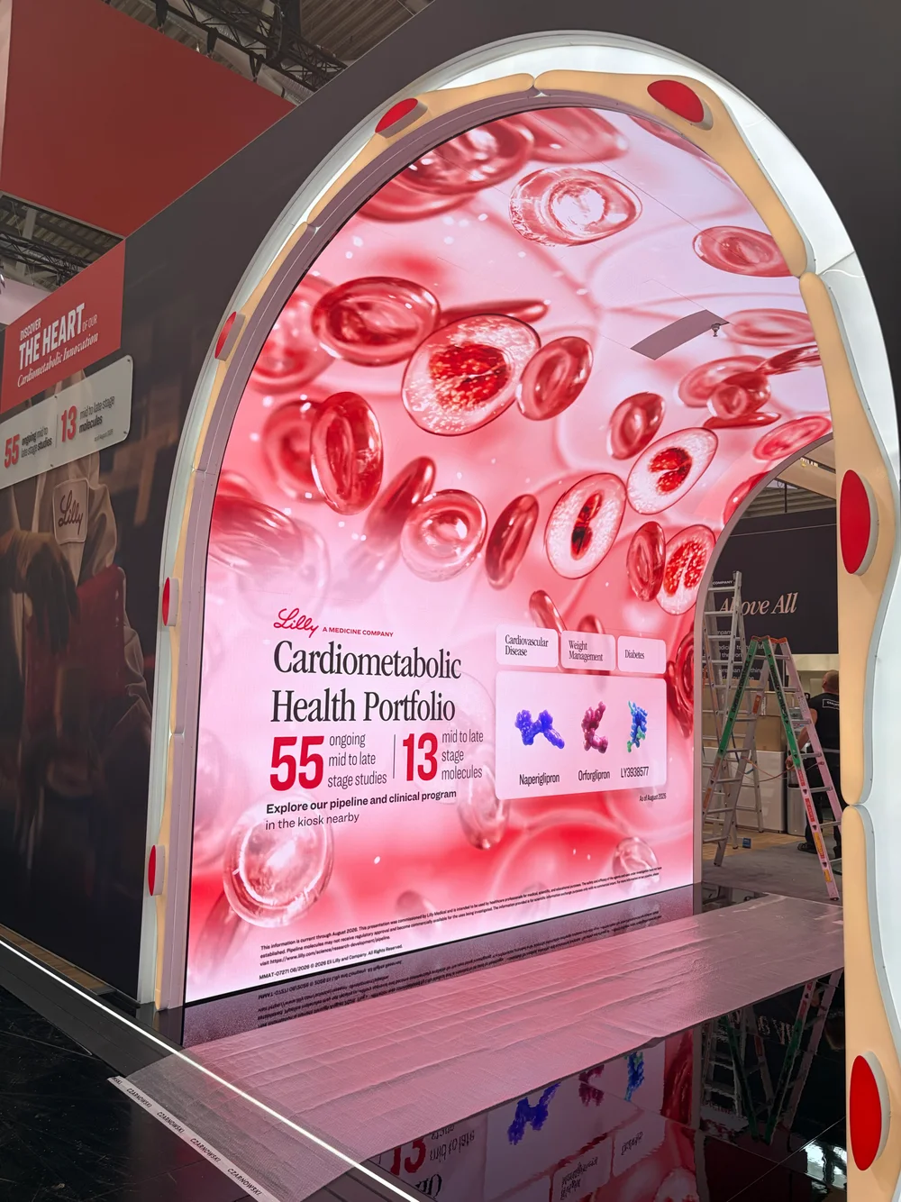 An illuminated curved exhibition display showing red blood cells and scientific graphics