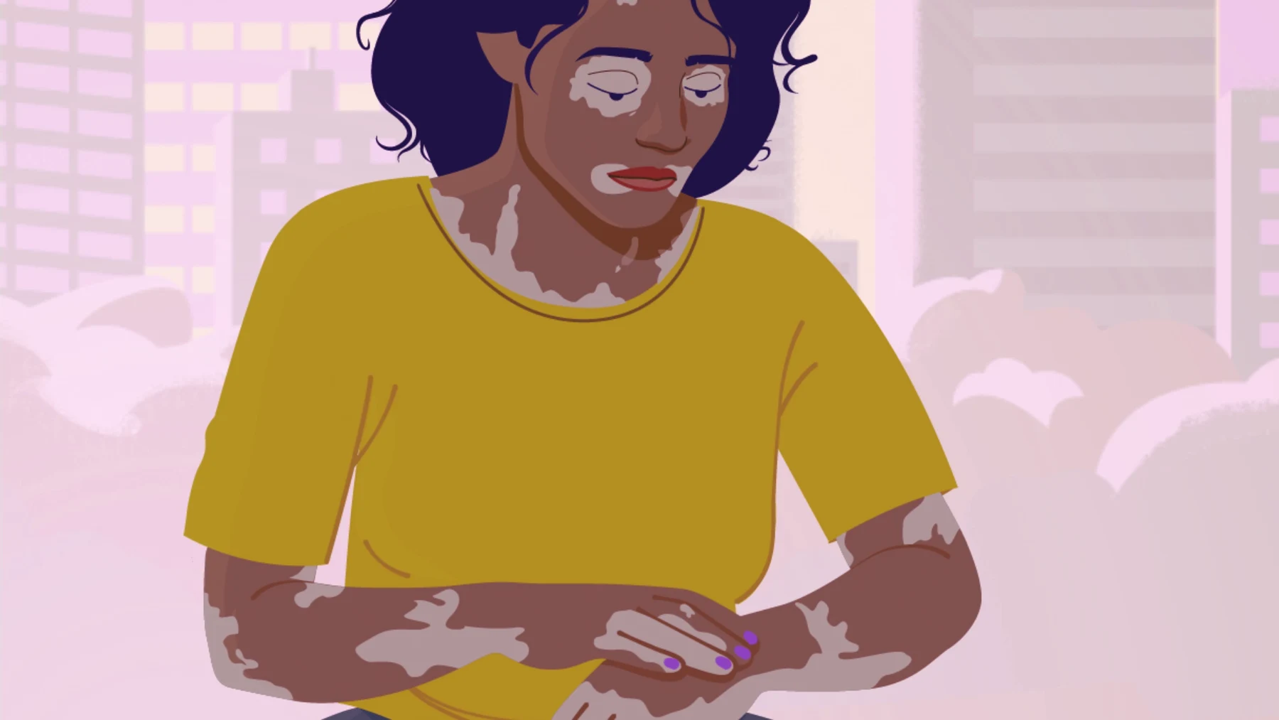 An illustrated woman with vitiligo sitting in a park