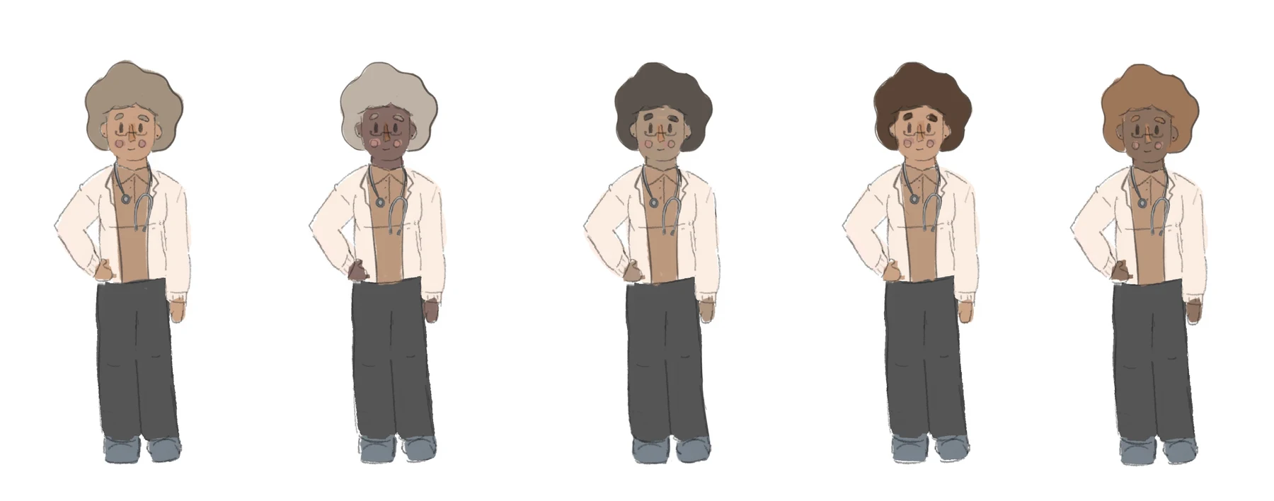 Five clinician character design variations in white coats