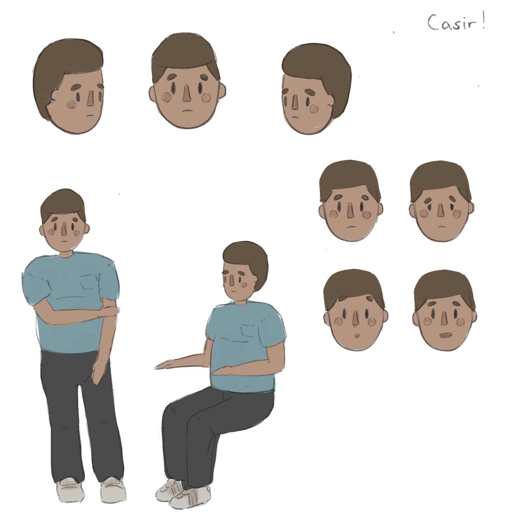 Character design sheet showing Casir seated, standing and with different facial expressions