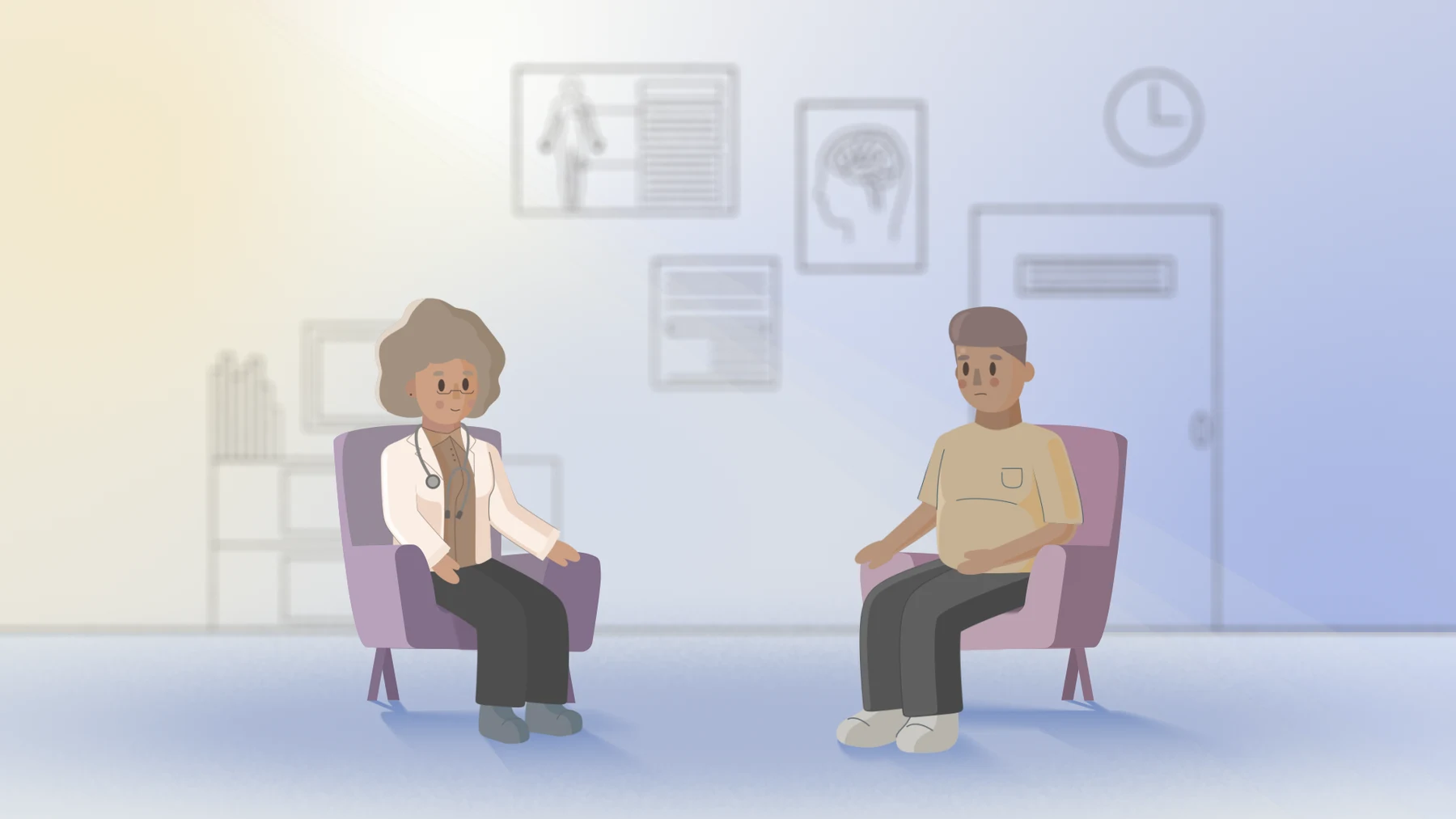 Doctor and patient sitting across from one another in an illustrated consultation room